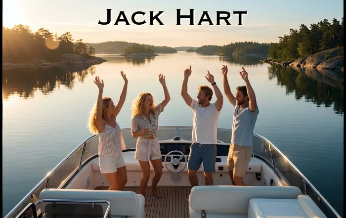 Six friends on a boat at sunset, raising their arms in celebration over a calm lake with a tree-lined shoreline in the distance.