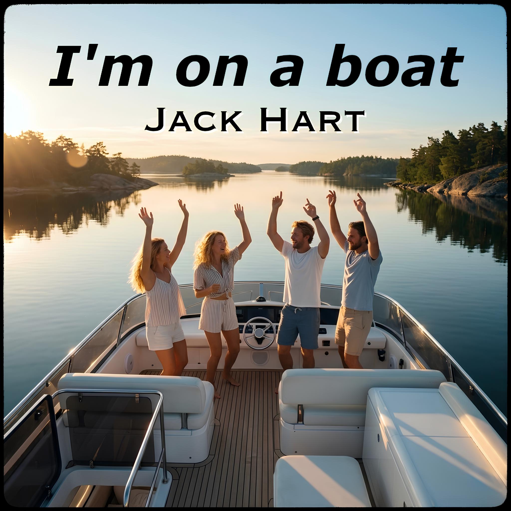 Six friends on a boat at sunset, raising their arms in celebration over a calm lake with a tree-lined shoreline in the distance.